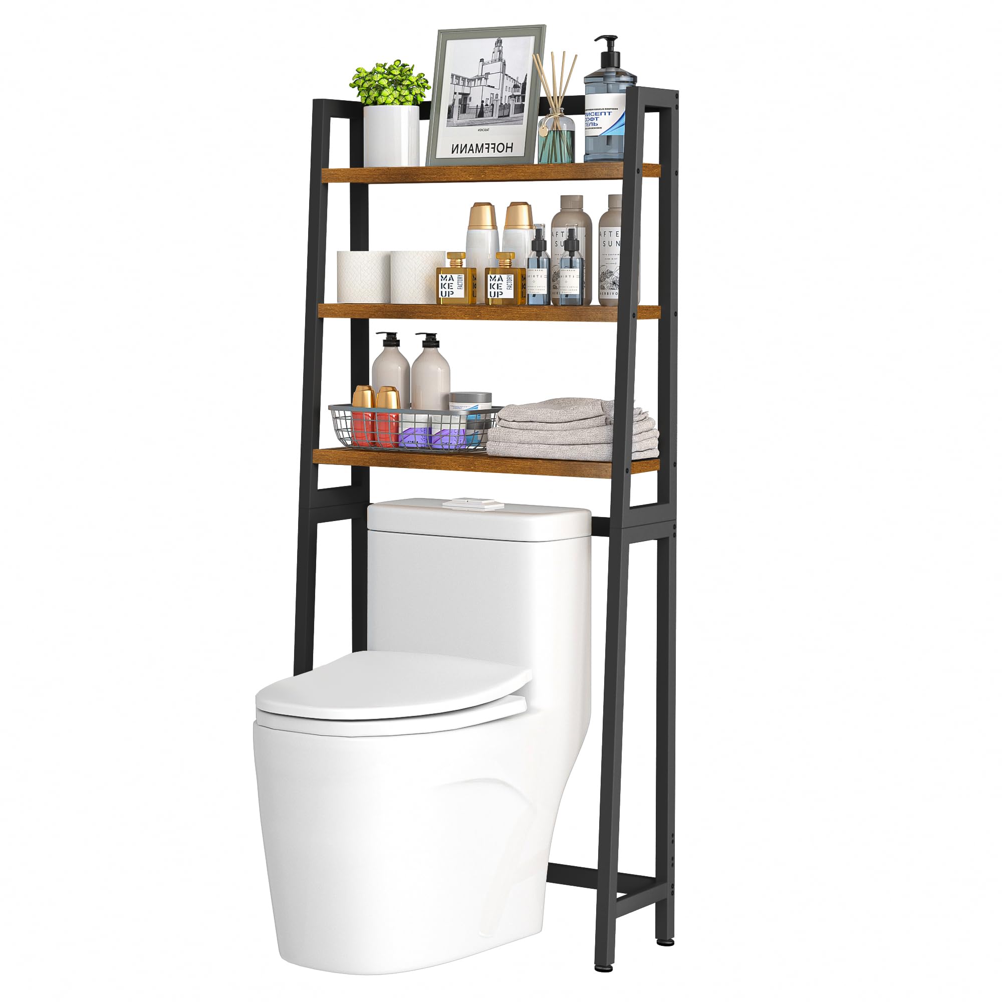 VASMIA Over The Toilet Storage Shelf,3-Tier Bathroom Organizer Over Toilet Storage Cabinet,Freestanding Space Saver with 3 Hooks Black and Rustic