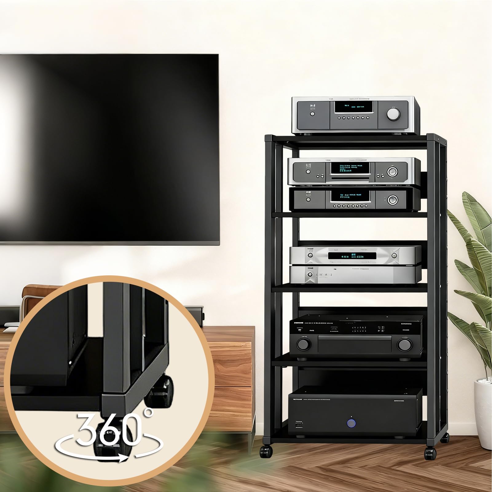 5 Ripiani Mobile Stereo Hi Fi Rack, Multimediale Audio-Video con Ruote Universali, Giradischi per Amplificatore Turno Sky box