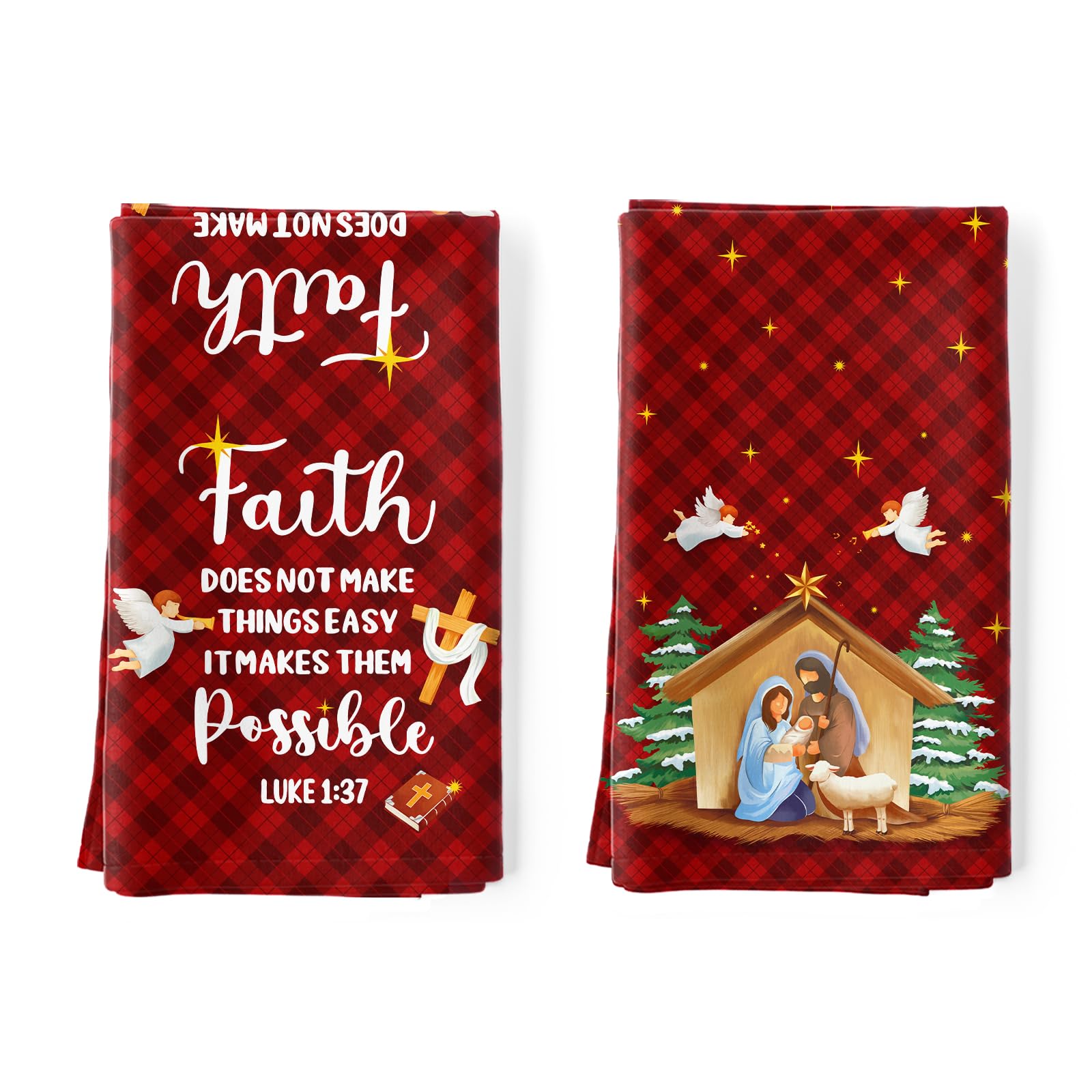 Arquiel 2 Pcs Nativity Christmas Kitchen Towel 100% Cotton Red Check Absorbent Dish Towel 70 x 48 cm Housewarming Holy Night Cupid Farmhouse Decorative Hand Towel for Dining Home โ image 1