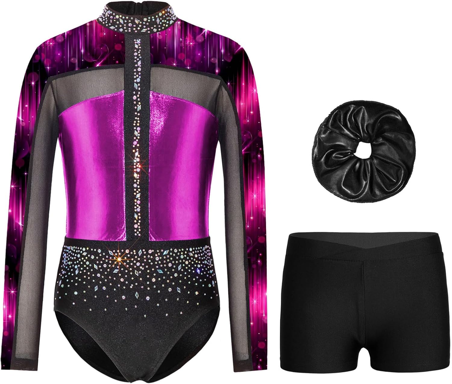 Kids Girls 3 Piece Gymnastics Outfits Ballet Unitards Sparkly Rhinestone One Piece Dance Leotard