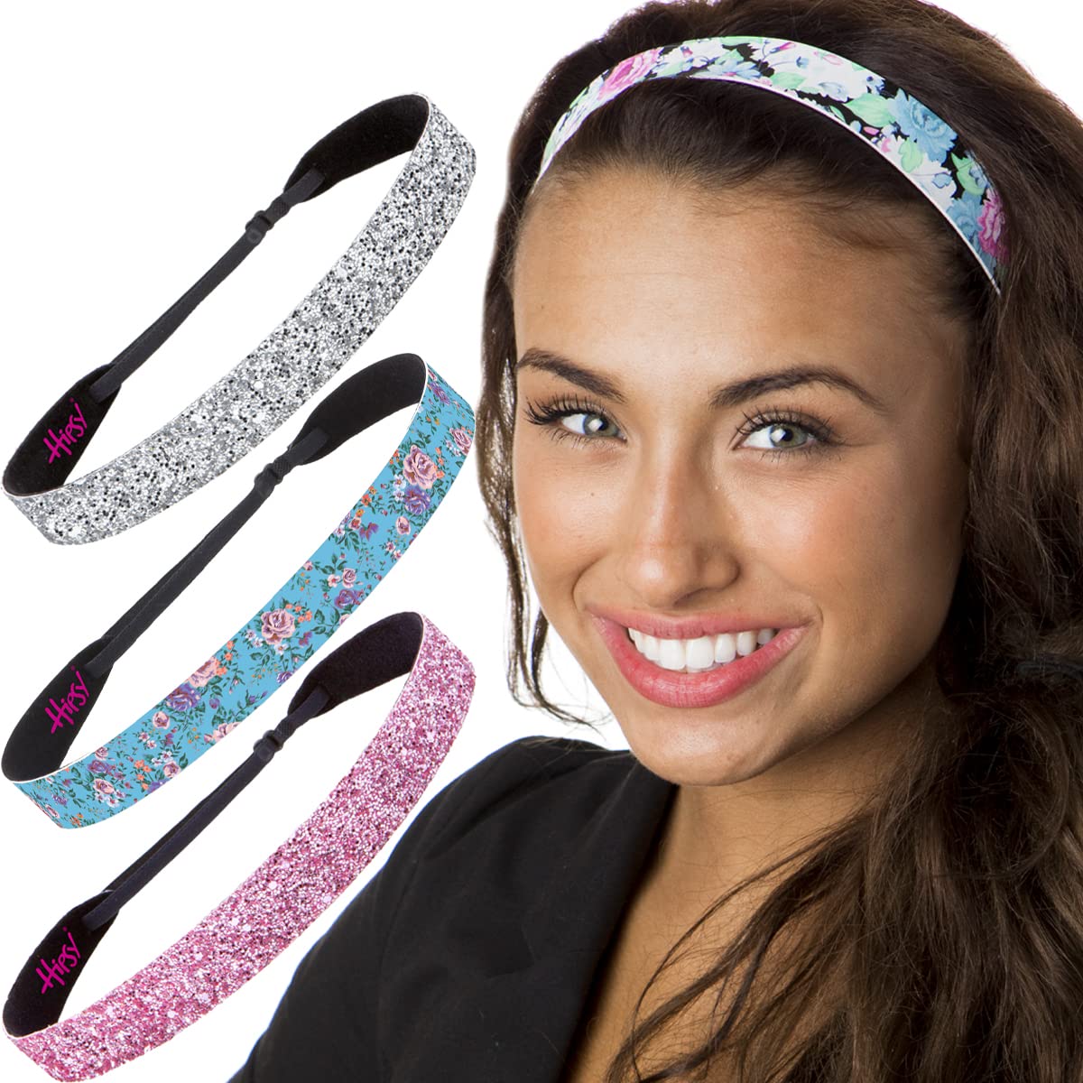 Hipsy Adjustable No Slip Bling Glitter & Fashion Printed Headbands for Women Multi 4-Pack (Grey Tapestry/Black/White Floral/Gunmetal)