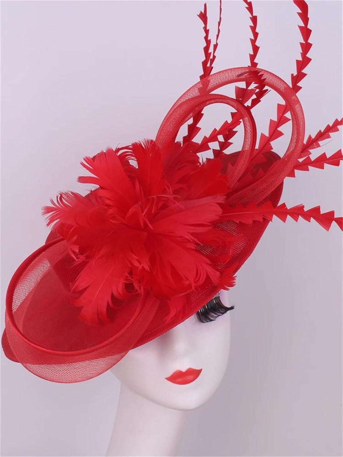 Women's Burgundy Feather Fascinator Headband Fancy Millinery Bridal Hair Cocktail Tea Party Derby Hat