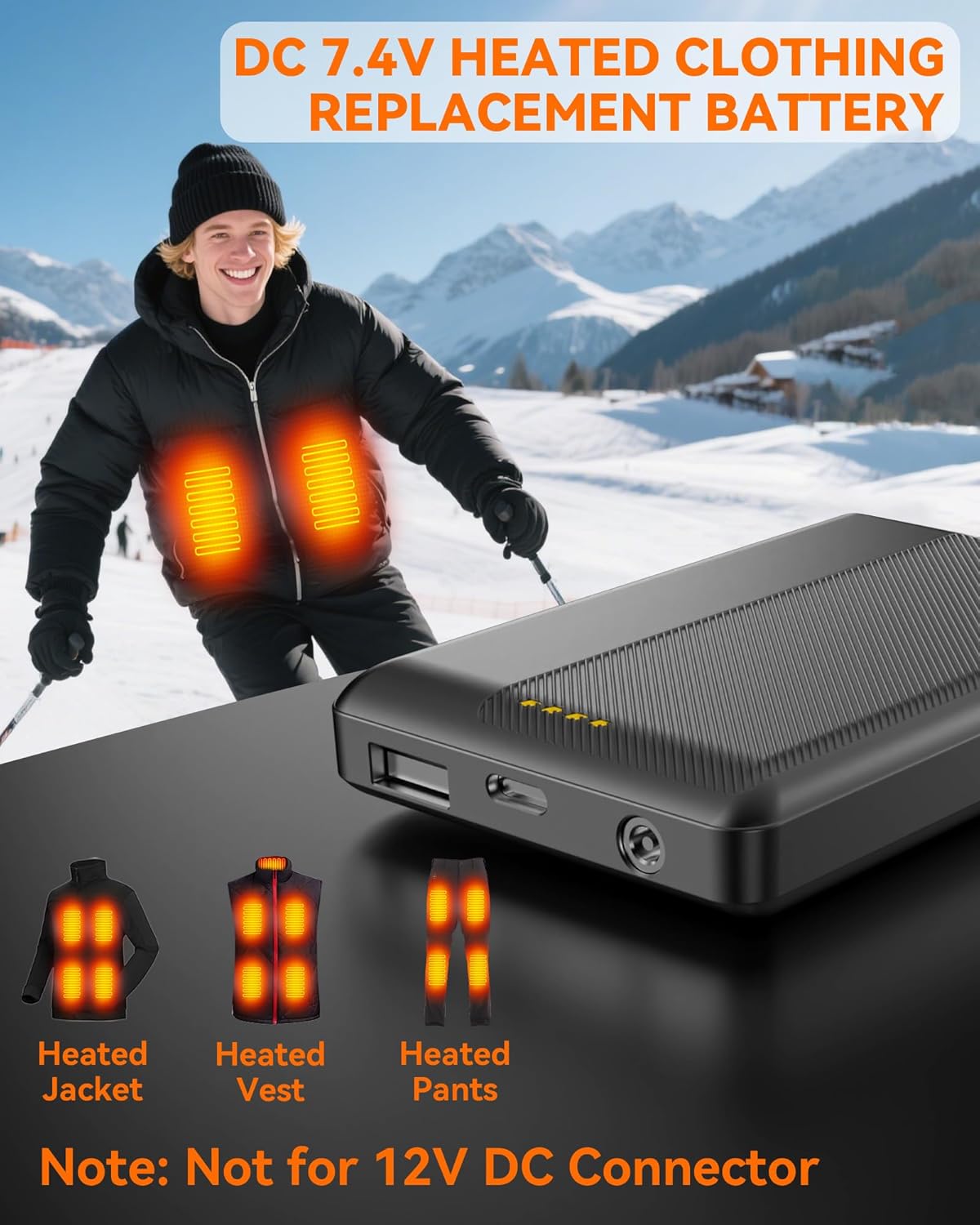 Upgraded Heated Vest Battery Pack - 7.4V2A 10000mAh DC Output Rechargeable for ORORO and Venustas Heating Jackets Coats Pants Underwear Battery, with DC Plug Adapter and Charging Accessories - Image 2