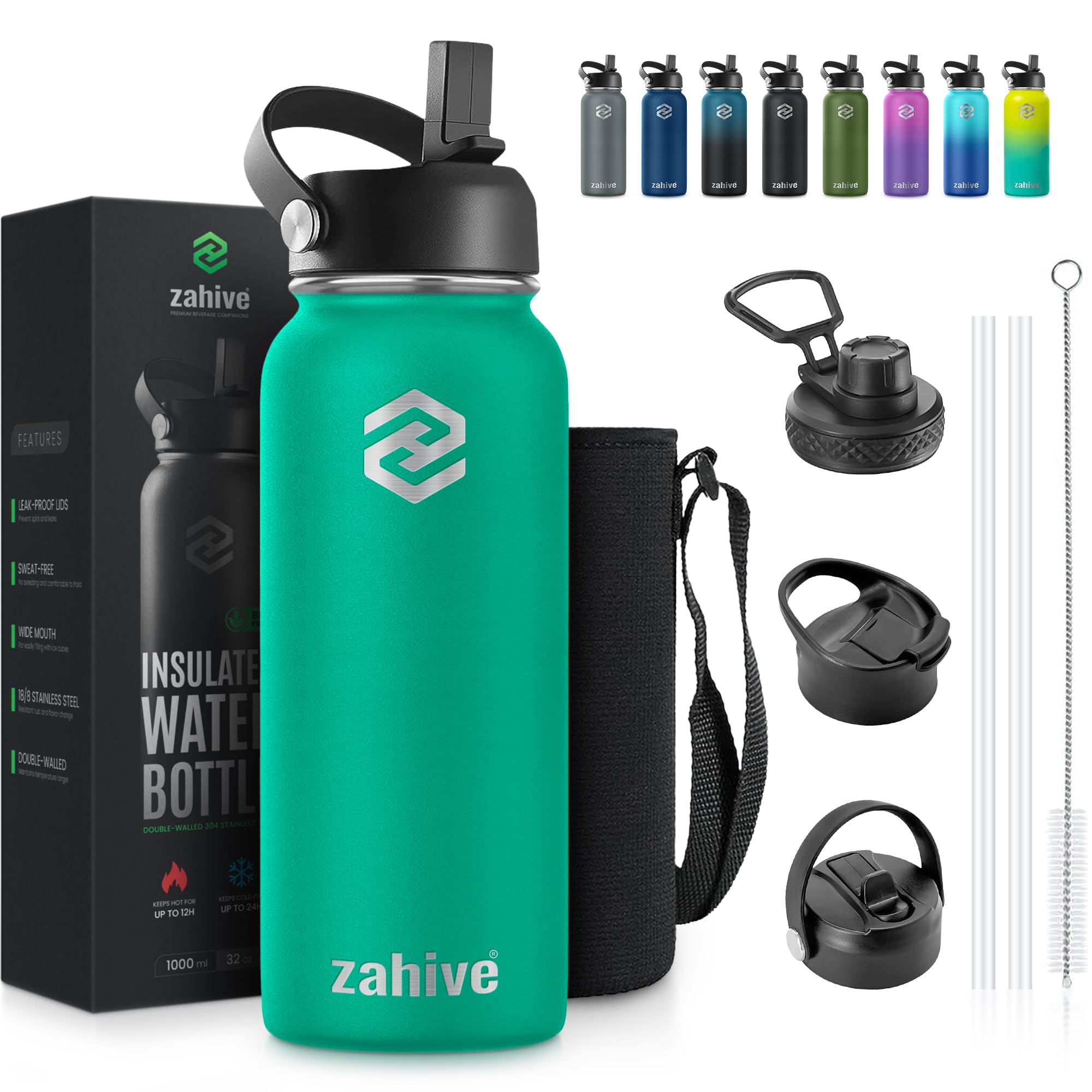 Stainless Steel Water Bottle 1l with 3 Lids & Bag - Insulated Water Bottle with Straw - 1000ml Double Wall Thermos Flask for Travel Hot & Cold Drinks, Sports, Gym, Leak Proof (32oz, Sea Green)