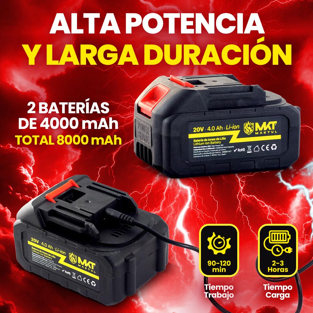 MAKTUL Desbrozadora Batería Eléctrica 8000mAh (2 Baterías 4000mAh 20V) Potente 18.000 RPM, Cortabordes Multifunción 3 en 1 Arbustos Césped, Cortacesped Eléctrico Ajustable para Jardin con Accesorios