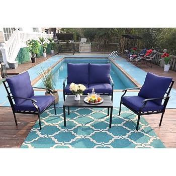 Amazon Com Phi Villa 4 Pc Outdoor Patio Furniture Padded Deep Seating Conversation Set With 1 Loveseat 2 Single Sofa 1 Coffee Table 4 Free Pillow Navy Blue Garden Outdoor