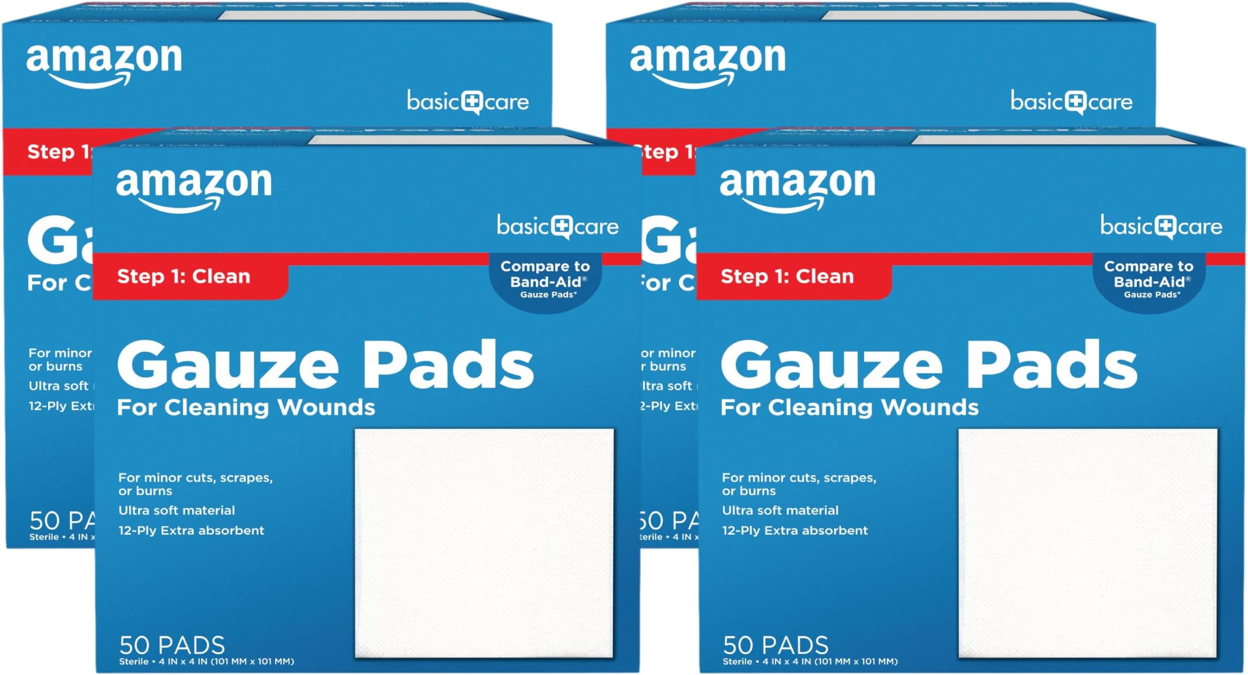 Amazon Basic Care Gauze Pads, 4x4 inches, Sterile, 50 Count | Pack of 4 | For Minor Injuries | Previously All Health