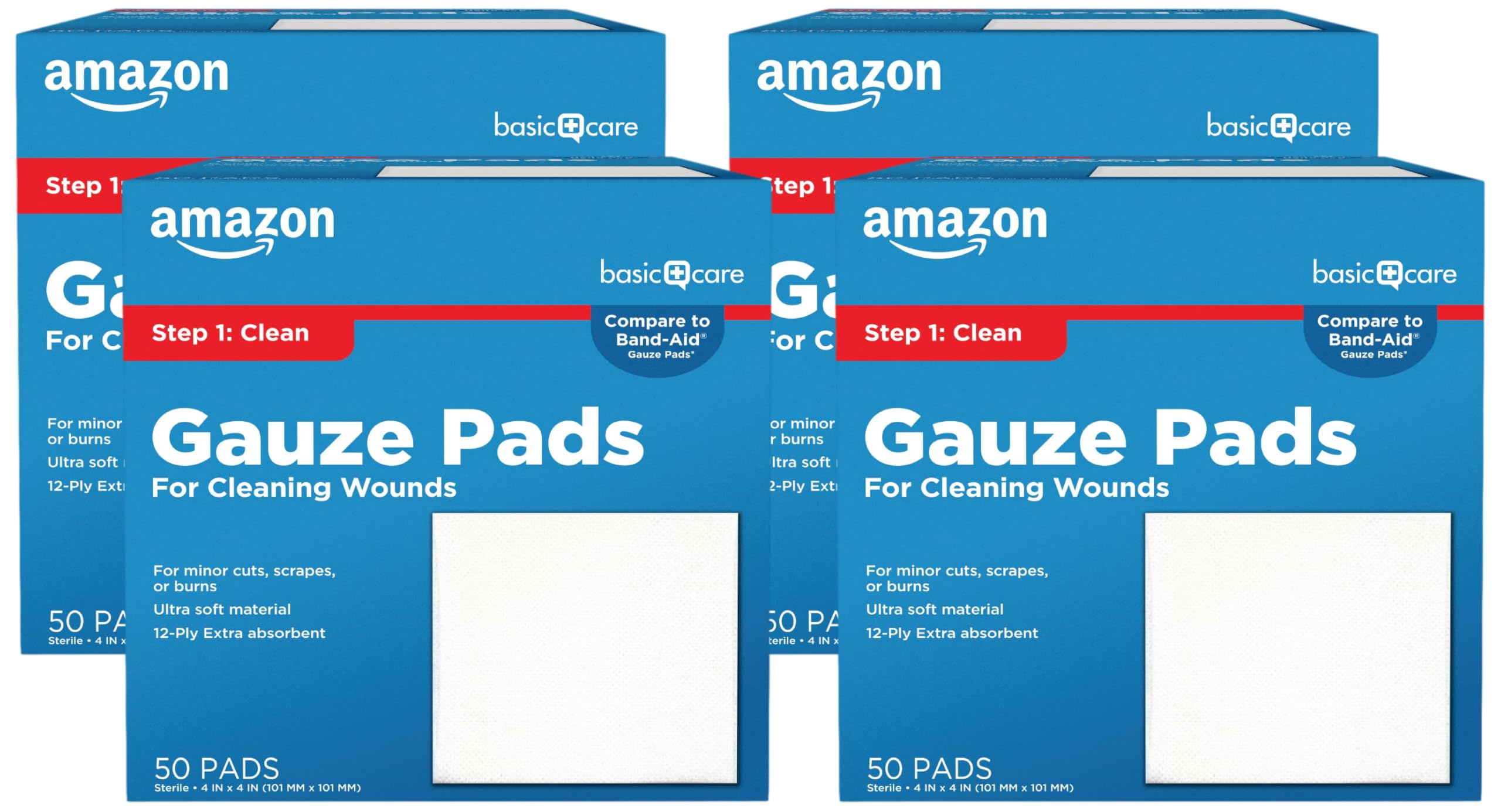 Amazon Basic Care Gauze Pads, 4x4 inches Sterile Medical Wound Dressing Sponges for Cleaning, Covering, & Cushioning Cuts & Minor Injuries, 50 Count (Previously All Health) (Pack of 4)