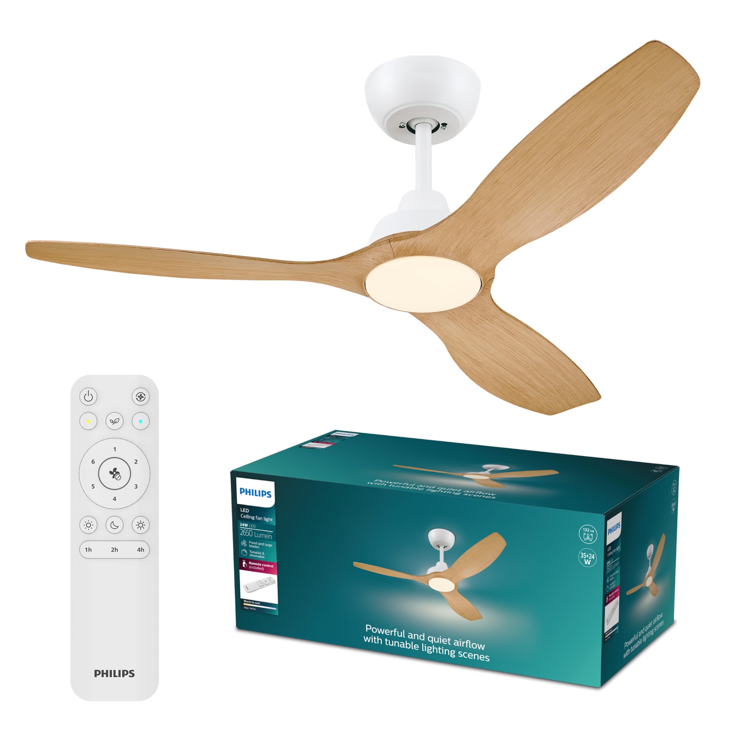 PHILIPS Olas Ceiling Fan with LED Light, 3 Blades, 132 cm Diameter, 2650 Lumens, Tunable White Light from 3000 K to 6500 K, Dimmable to 5%, Remote Control Included, White/Wood