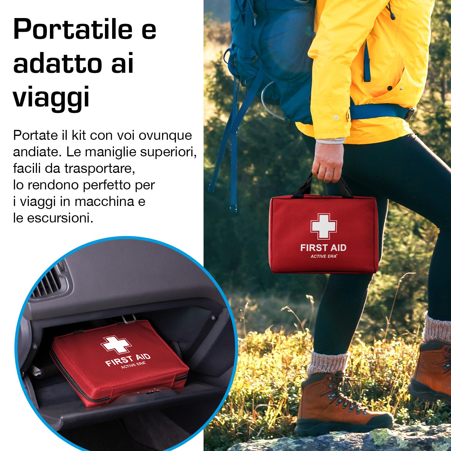 Active Era Kit di primo soccorso Premium 180 pezzi, con lavaggio oculare, 2 impacchi freddi (ghiaccio) e coperta di emergenza per auto, casa, ufficio, camper, lavoro e viaggi