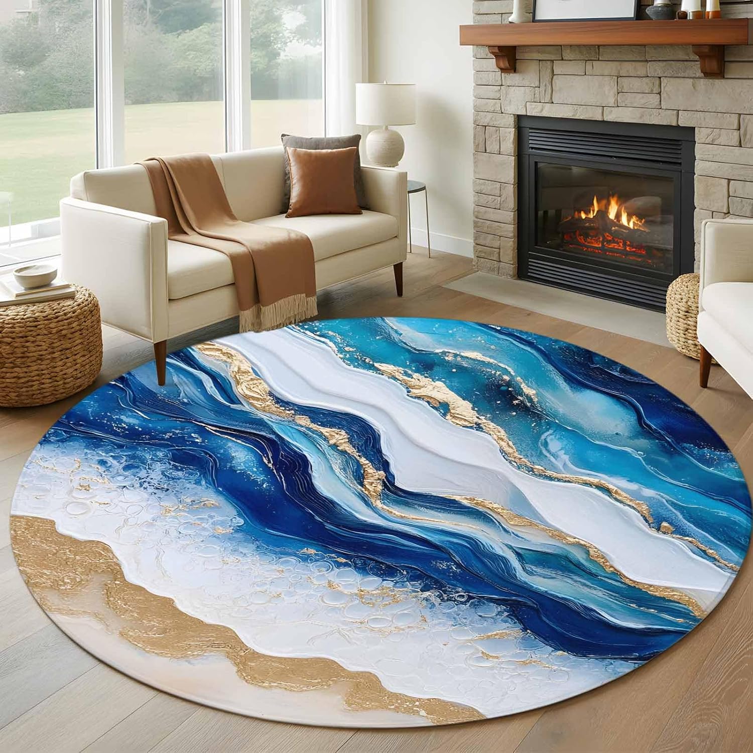 Round Rugs 5Ft, Blue Coastal Washable Rug for Living Room Low Pile Indoor Floor Carpet, Modern Summer Beach Nautical Sea Non-Skid Bathroom Rug Kitchen Runner Rugs for Bedroom