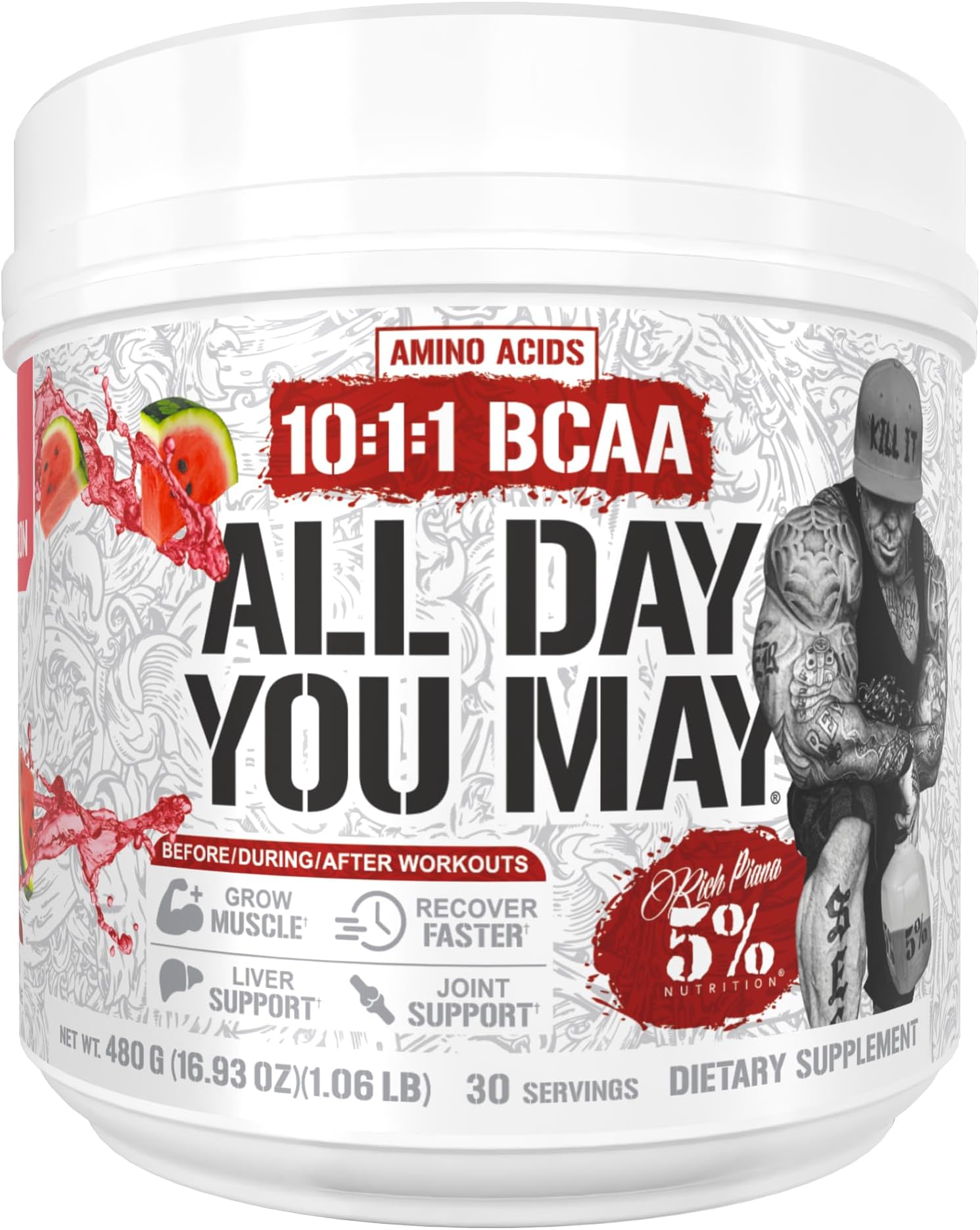 5% Nutrition AllDayYouMay BCAA Powder and EAAs (Watermelon) | + Electrolytes & More for Intra & Post Workout Hydration, Endurance, Muscle Recovery, Joint & Liver Support