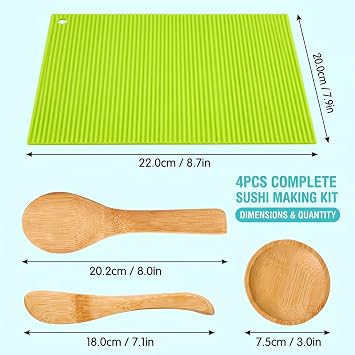 4PCS Sushi Making Kit, 4-Piece Silicone Sushi Rolling Mat Set with Rice Paddle, Ideal for Homemade Sushi Rolls and Vietnamese Spring Rolls, Complete with 7.5cm Vinegar Dish