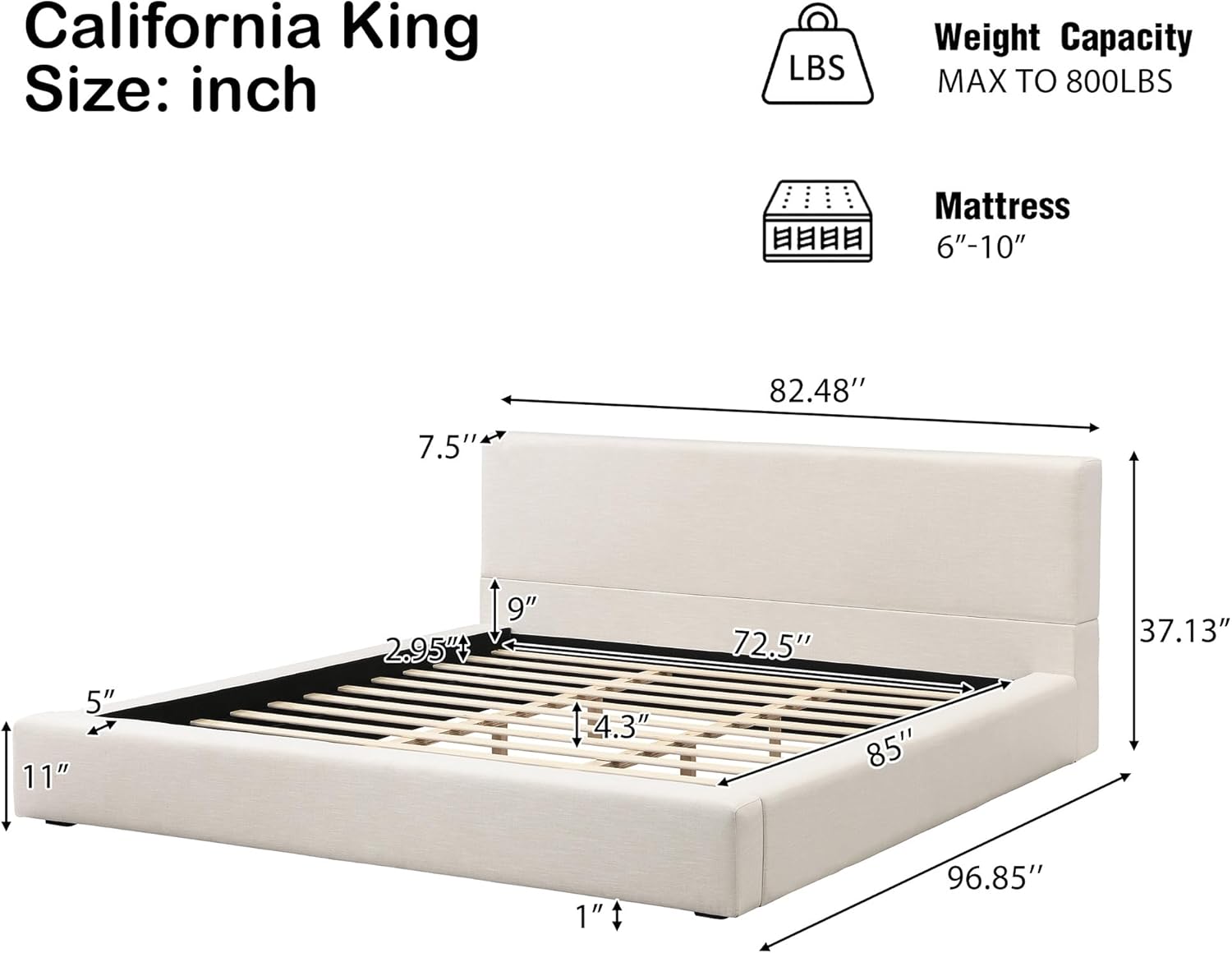 Merax California King Upholstered Bed Frame with Linen Headboard & Footboard, Thick Padding, Solid Wood Legs, Beige, No Box Spring Needed
