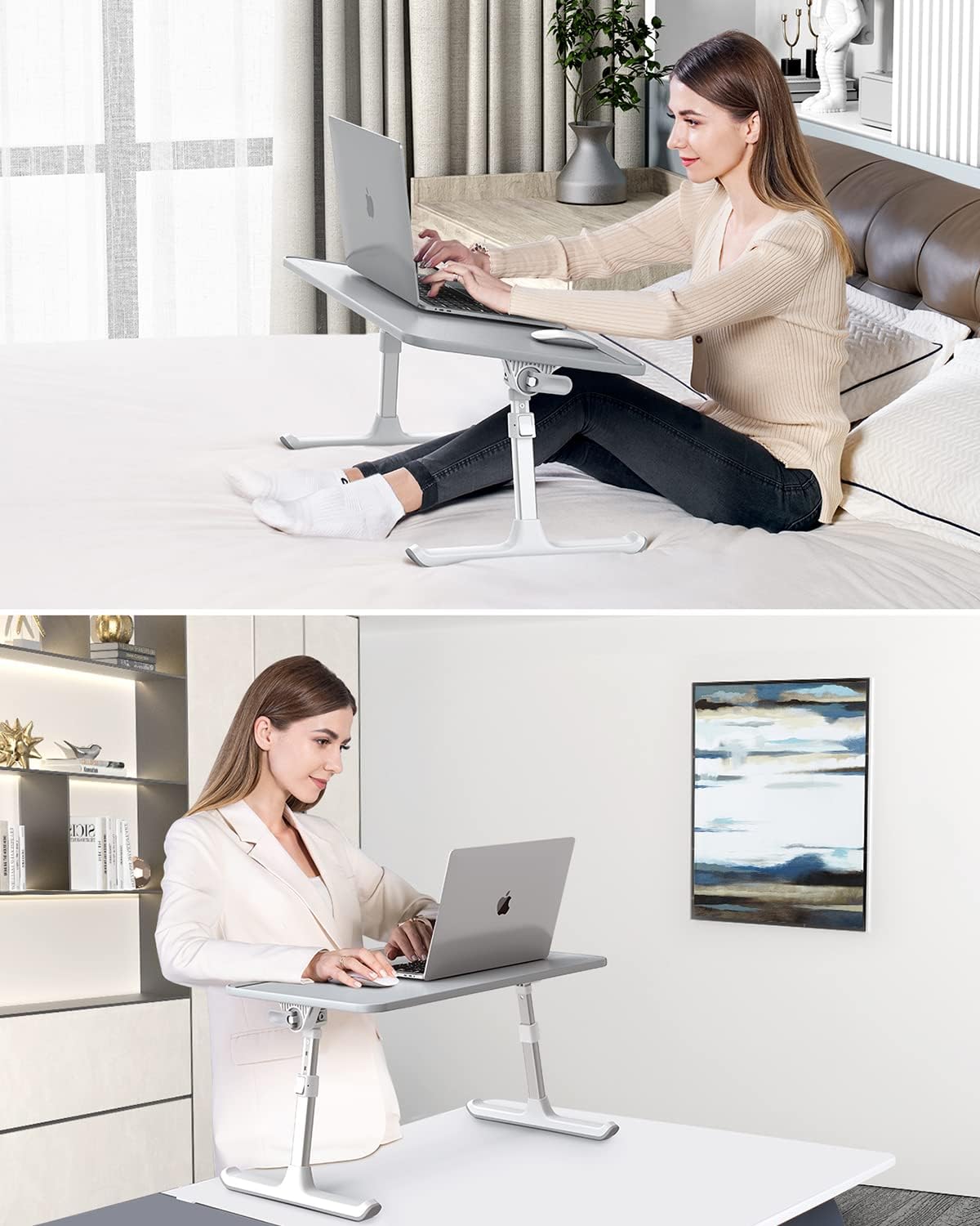 SAIJI Leather Laptop Bed Tray Table, Adjustable Laptop Stand with Removable Stopper, Portable Lap Desks with Foldable Legs, Notebook Stand Breakfast Reading Desk for Sofa Couch(Medium,Gray)