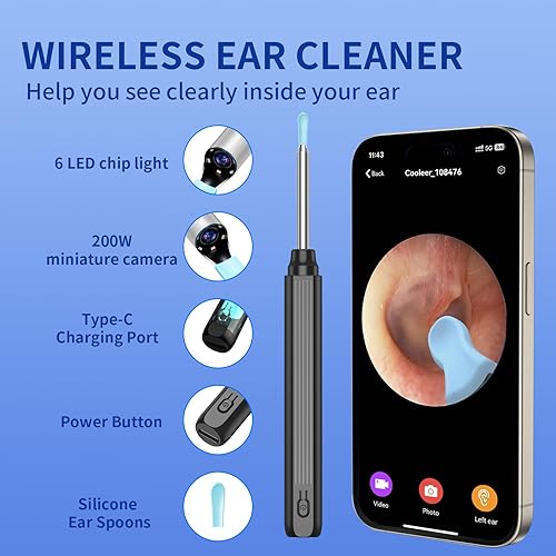 Miniatura 3 de Herramienta de eliminación de cera de oído, cámara de oído con kit de limpieza visual de 360, 6 cubiertas de silicona, kit de eliminación de cera de