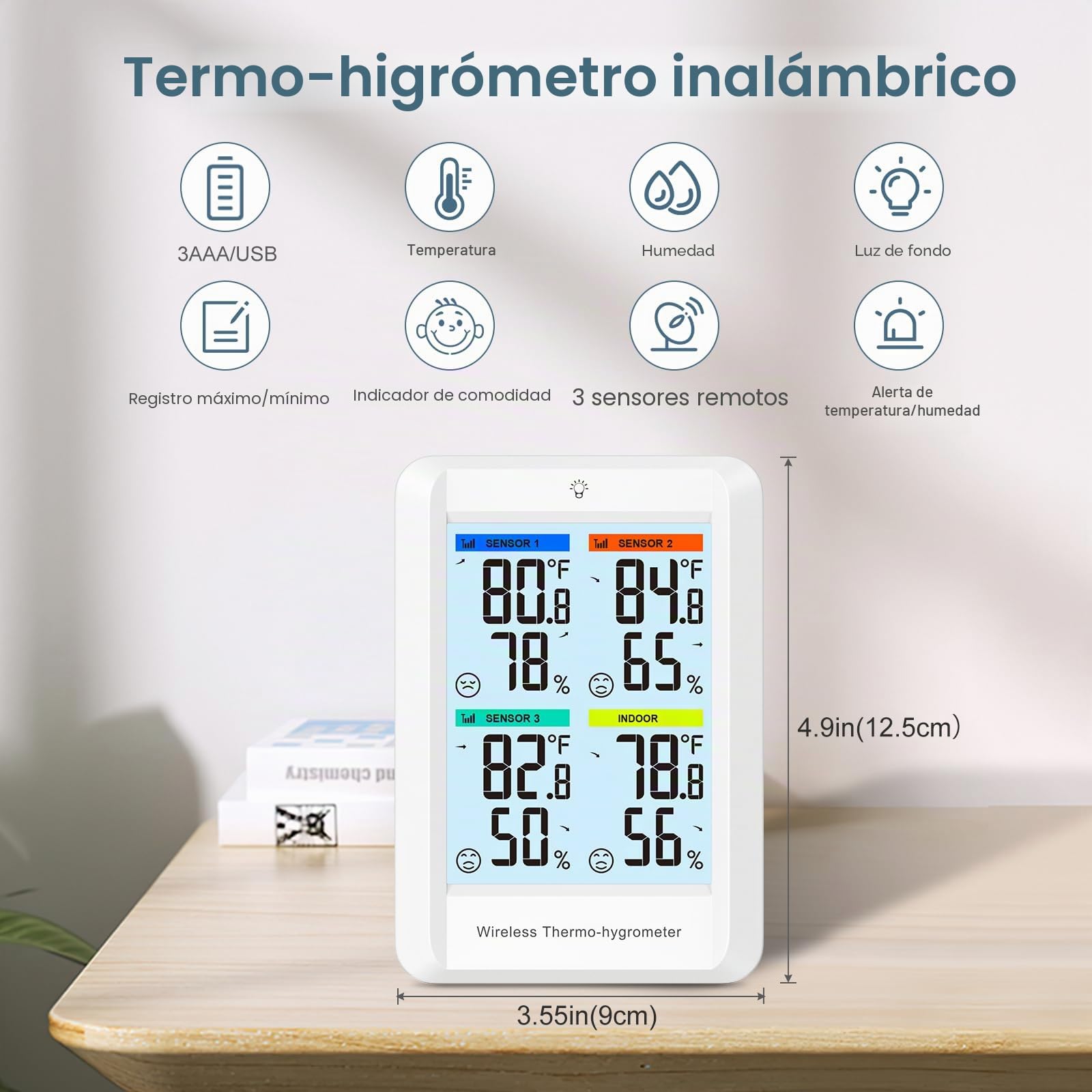 Estación Meteorológica Digital, Termómetro Higrómetro Digital con Pantalla Grande de 4 pulgadas, Termómetro para Interior y Exterior con 3 Sensores Remotos, Blanco