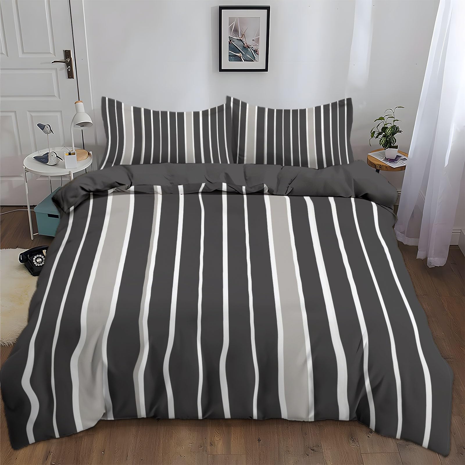 Komplet pościeli 220 x 240 cm, proste linie, szara, 3-częściowy zestaw pościeli z zamkiem błyskawicznym, miękka mikrofibra, bawełniana poszewka na kołdrę z 2 poszewkami na poduszkę, całoroczna