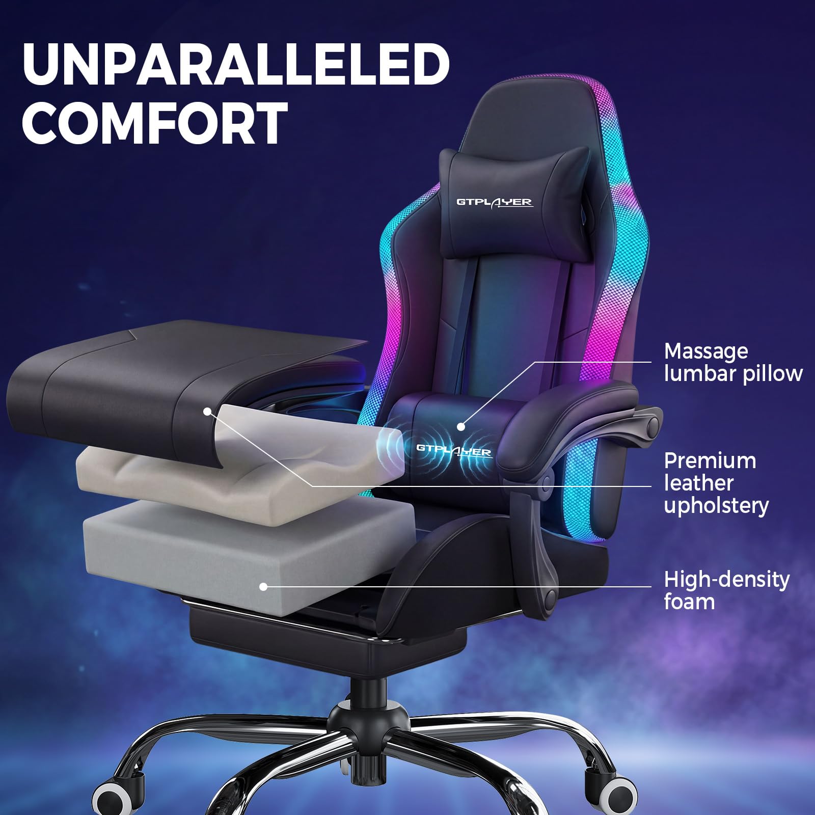 GTPLAYER Silla de gaming, silla de oficina, silla de gaming con barra de luz LED y función de masaje, silla gamer, respaldo con bolsa de almacenamiento, silla ergonómica de PC con mando a distancia