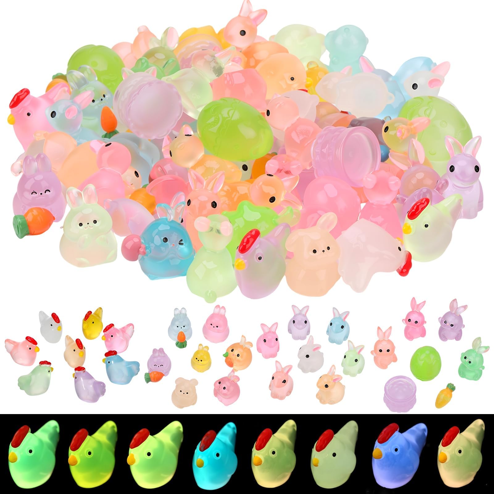 68Pcs Easter Mini Bunny Figurines Luminous Resin Animals Tiny Rabbit Chickens Figures to Hide Miniature Figurines for Egg Fillers Easter Decorations