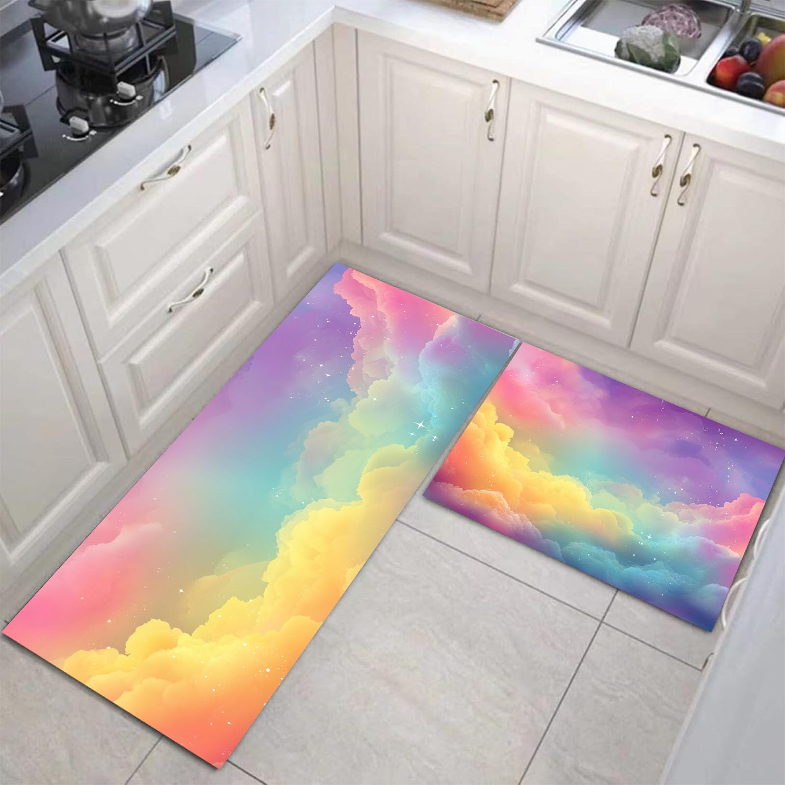 Tapis de cuisine antidérapant et lavable ciel étoilé violet anti-fatigue