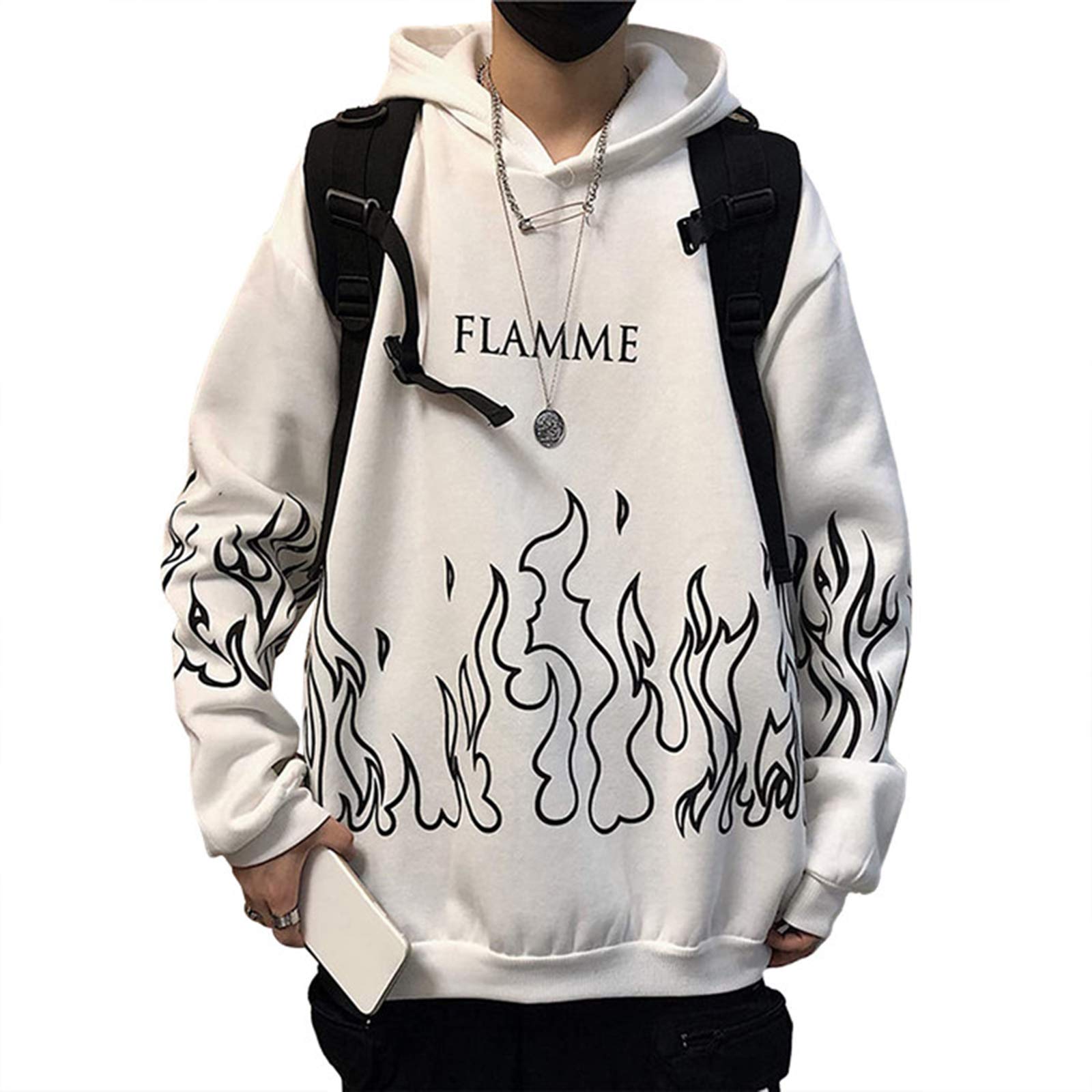 TUTUYOYO Mens Fashion Hooded Jerseys Sweatshirt Hoodies Men's Hoodie Street  Hip Hop Retro Flame Print Loose Couple Plush Sweater-White|XXL :  Amazon.co.uk: Fashion