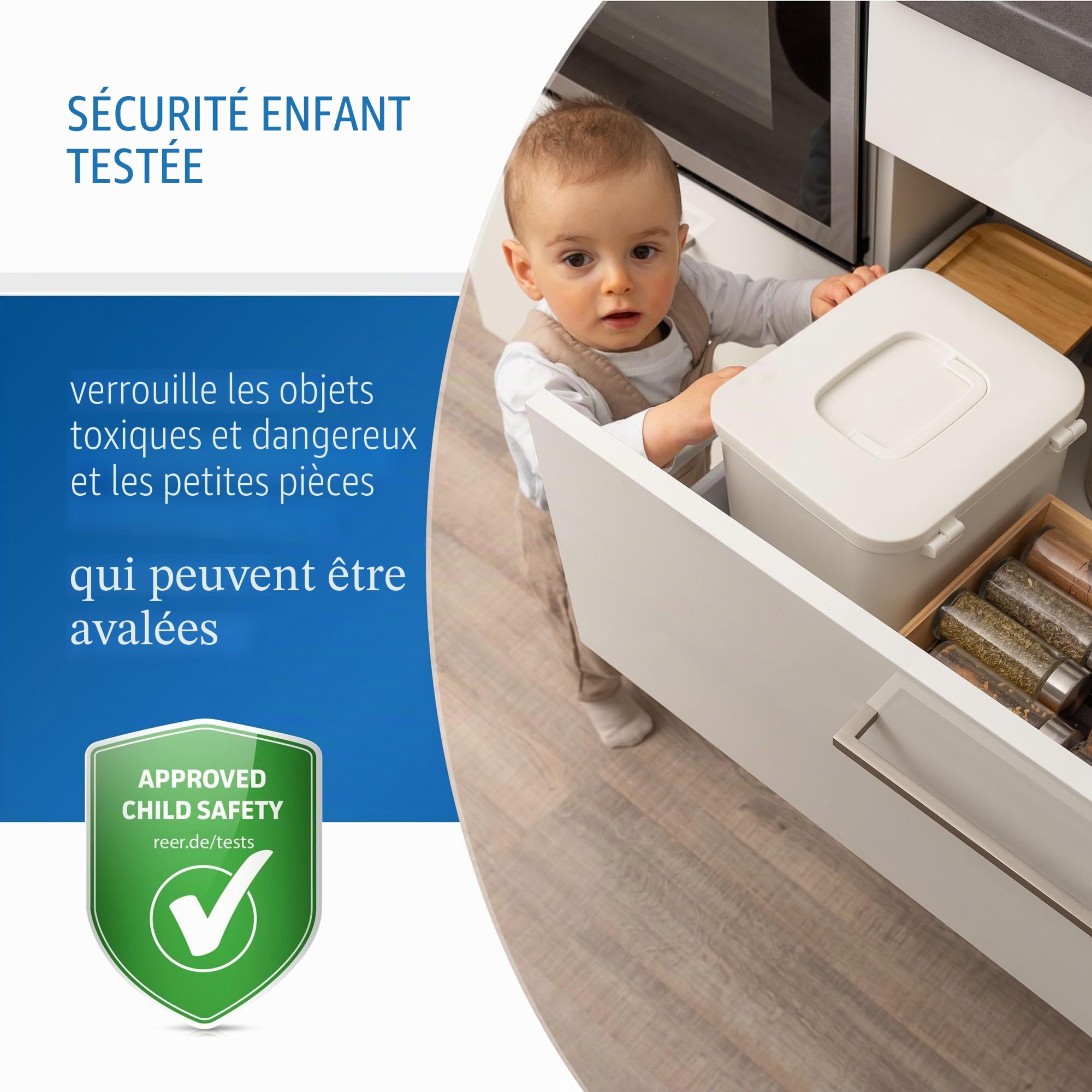 reer SafeContainer Boîte de rangement | Protection contre les petites pièces dangereuses | Fermeture sécurisée pour les enfants | Antidérapante | Fermeture sûre des tablettes de lessive, des piles,