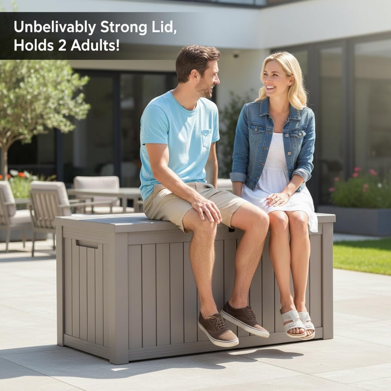 150 Gallon Resin Deck Box with Lockable Lid - Outdoor Waterproof Storage for Patio Furniture, Garden Tools, Cushions & Pool Accessories, Wood Grain Design, Easy Assembly