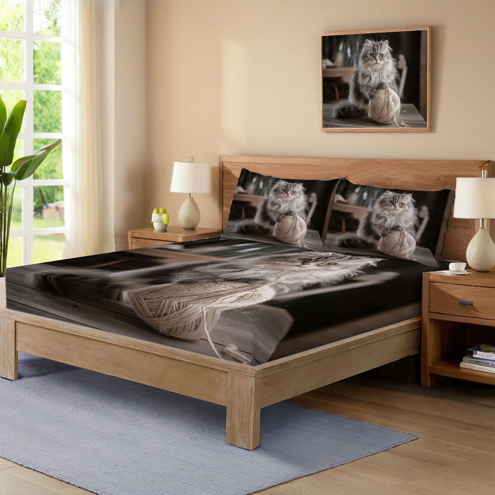 Sábanas 200X190/200Cm - Juego De Sábanas 3 Piezas Estampadas Lindo Gato Persa - Microfibra Suave Transpirable - Sábana Bajera Ajustable - Ropa De Cama Animales Del Campo (Bronceado)