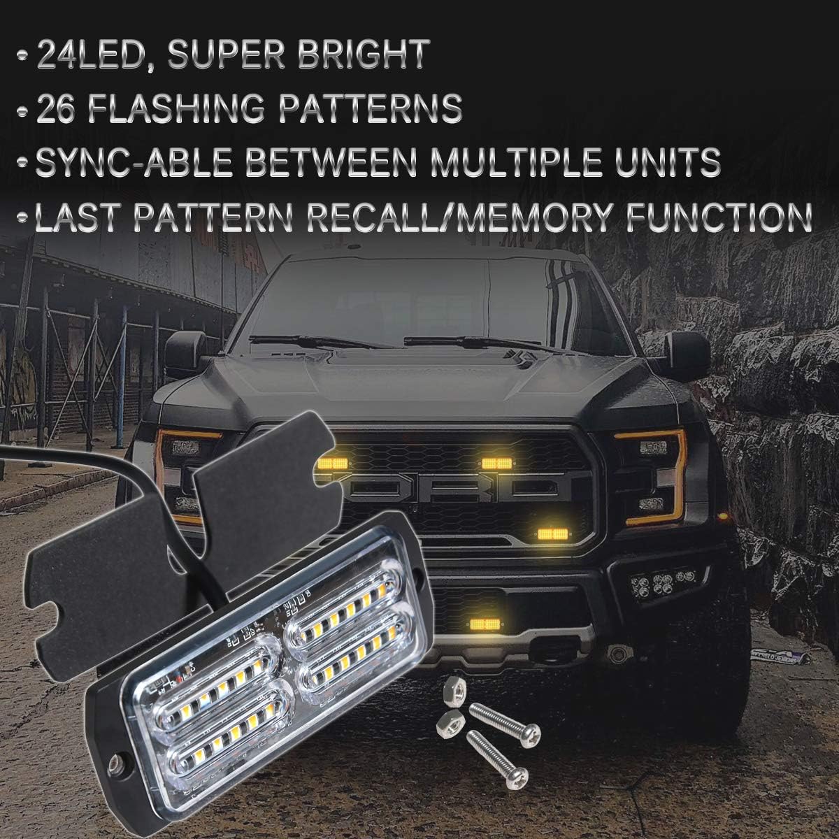 ASPL 4pcs Sync Feature 24-LED Surface Mount Flashing Strobe Lights for Truck Car Vehicle LED Mini Grille Light Head Emergency Beacon Hazard Warning lights (Amber)