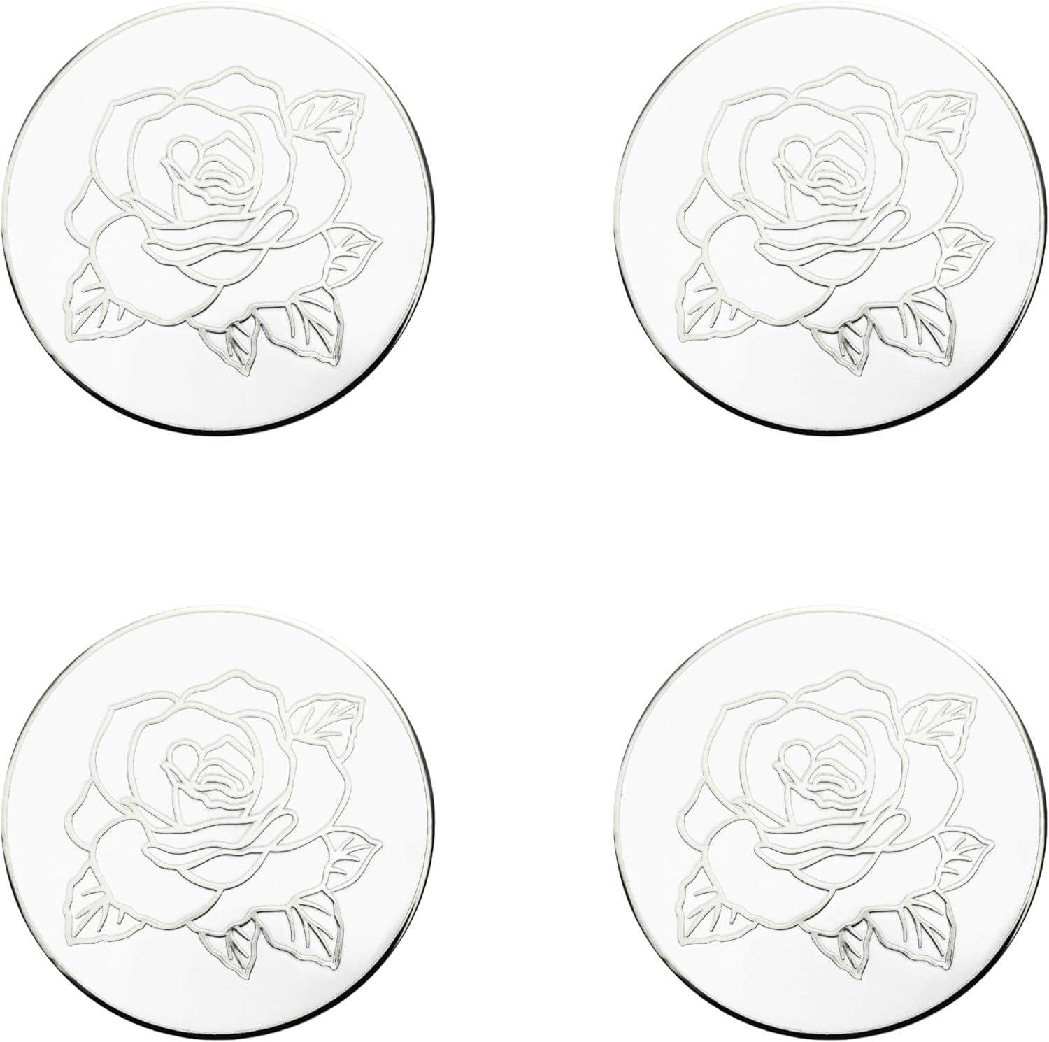 Rose Chrome & White Metal Wheel Chip Emblems (Set of 4) | Triple Chrome Plated Solid Metal Wheel Chip Emblems, 2.25" | for Lowriders with Cut or Recessed Knock Off Spinner Caps