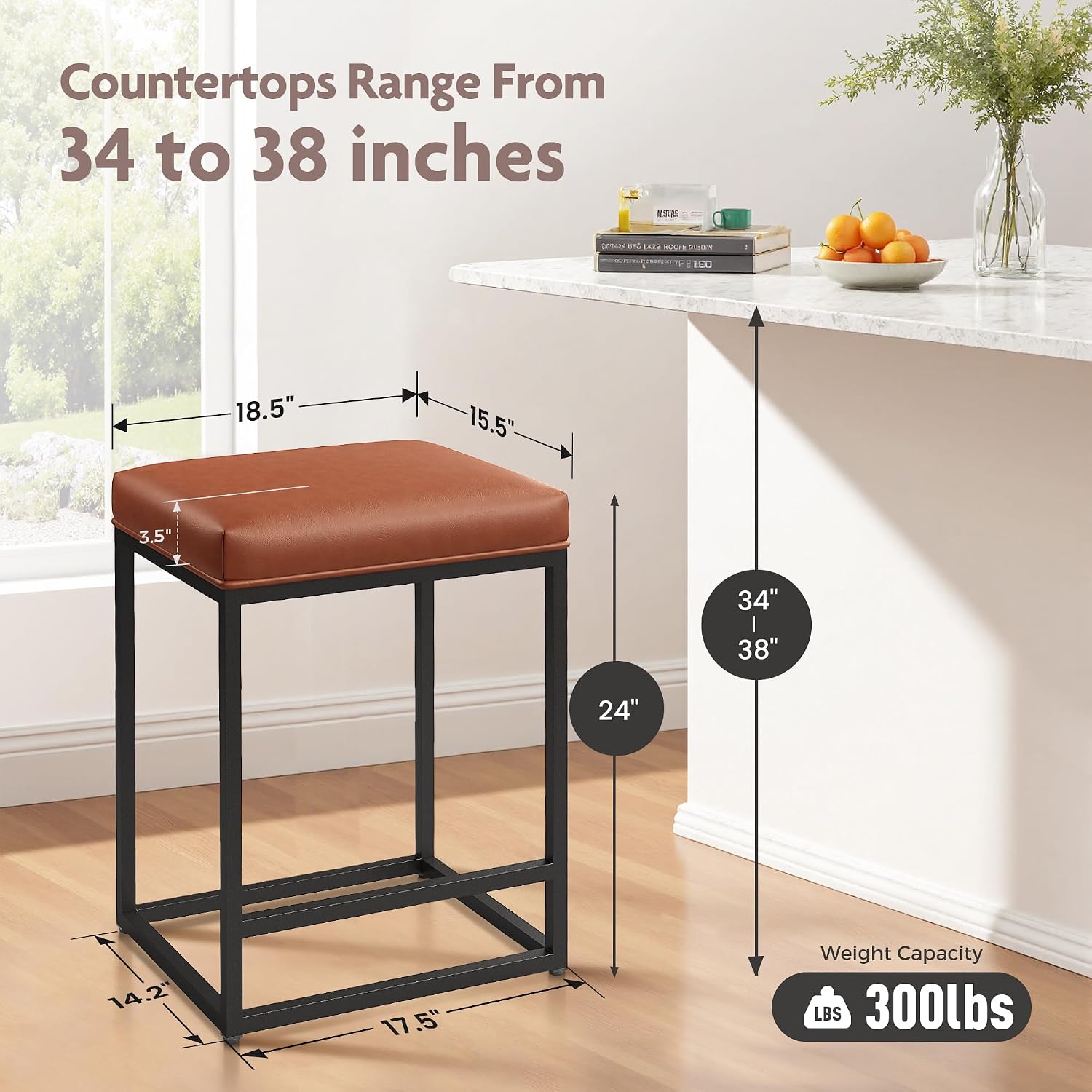 ALPHA HOME 24 Inch Counter Height Bar Stools Set of 3, Upholstered Barstools for Kitchen Island with Faux Leather Cushion and Sturdy Metal Frame, Caramel
