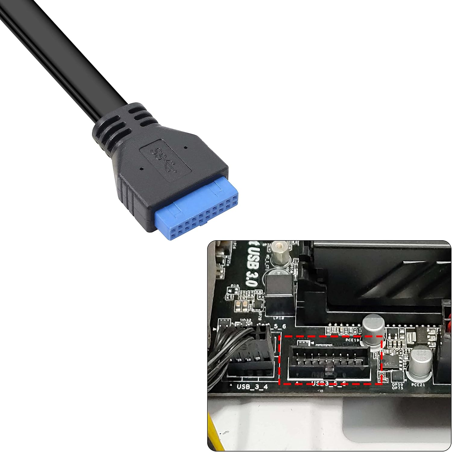 Close-up of the 19/20-pin USB 3.0 connector and a motherboard header