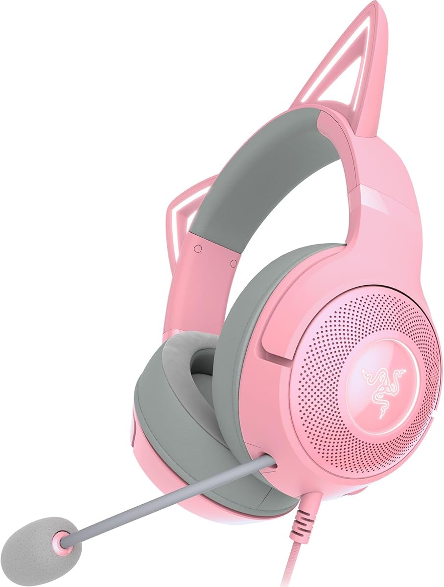 Razer Kraken Kitty V2 USB Wired Headset: Chroma RGB Kitty Ears - Stream Reactive Lighting - HyperClear Cardioid Mic - 40 mm Drivers - 7.1 Surround Sound - Comfortable Ear Cushions - Quartz Pink : Video Games