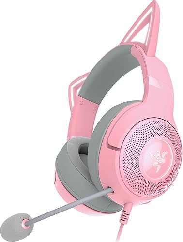 Razer Kraken Kitty V2 USB Wired Headset: Chroma RGB Kitty Ears - Stream Reactive Lighting - HyperClear Cardioid Mic - 40 mm Drivers - 7.1 Surround Sound - Comfortable Ear Cushions - Quartz Pink