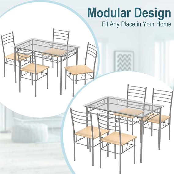 COSTWAY 5 Piece Dining Table Set, Kitchen Dining Set with Tempered Glass Table Top and 4 Chairs