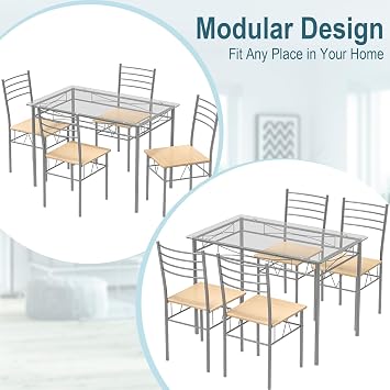 COSTWAY 5 Piece Dining Table Set, Kitchen Dining Set with Tempered Glass Table Top and 4 Chairs
