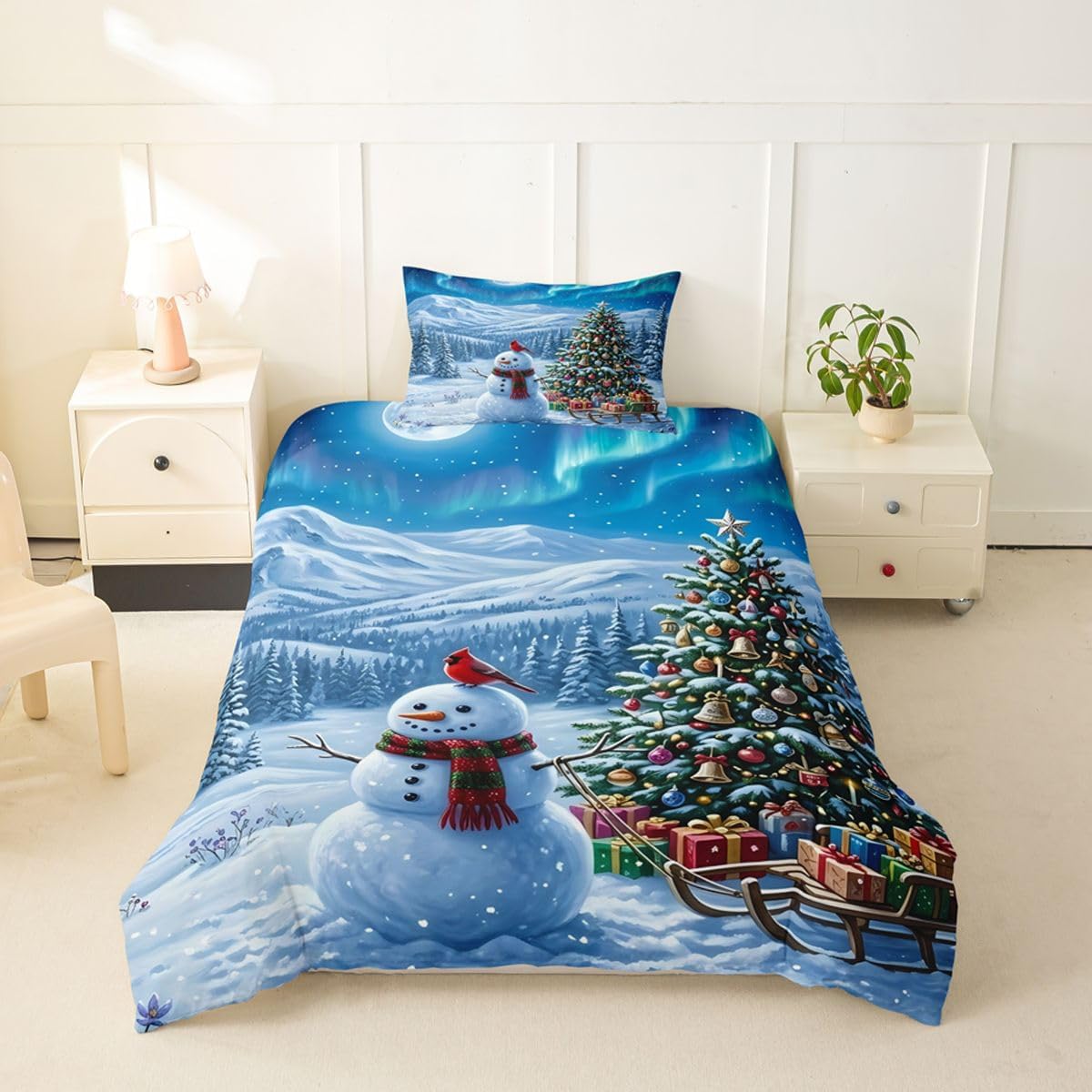 Castle Fairy Christmas Snowman Kids Duvet Cover Set Toddler Size,Wildlife Aurora Forest Bedding Set,Woodland Nature Scenery Room Decor,Blue Quilt Cover,1 Pillowcase(No Comforter) image 2