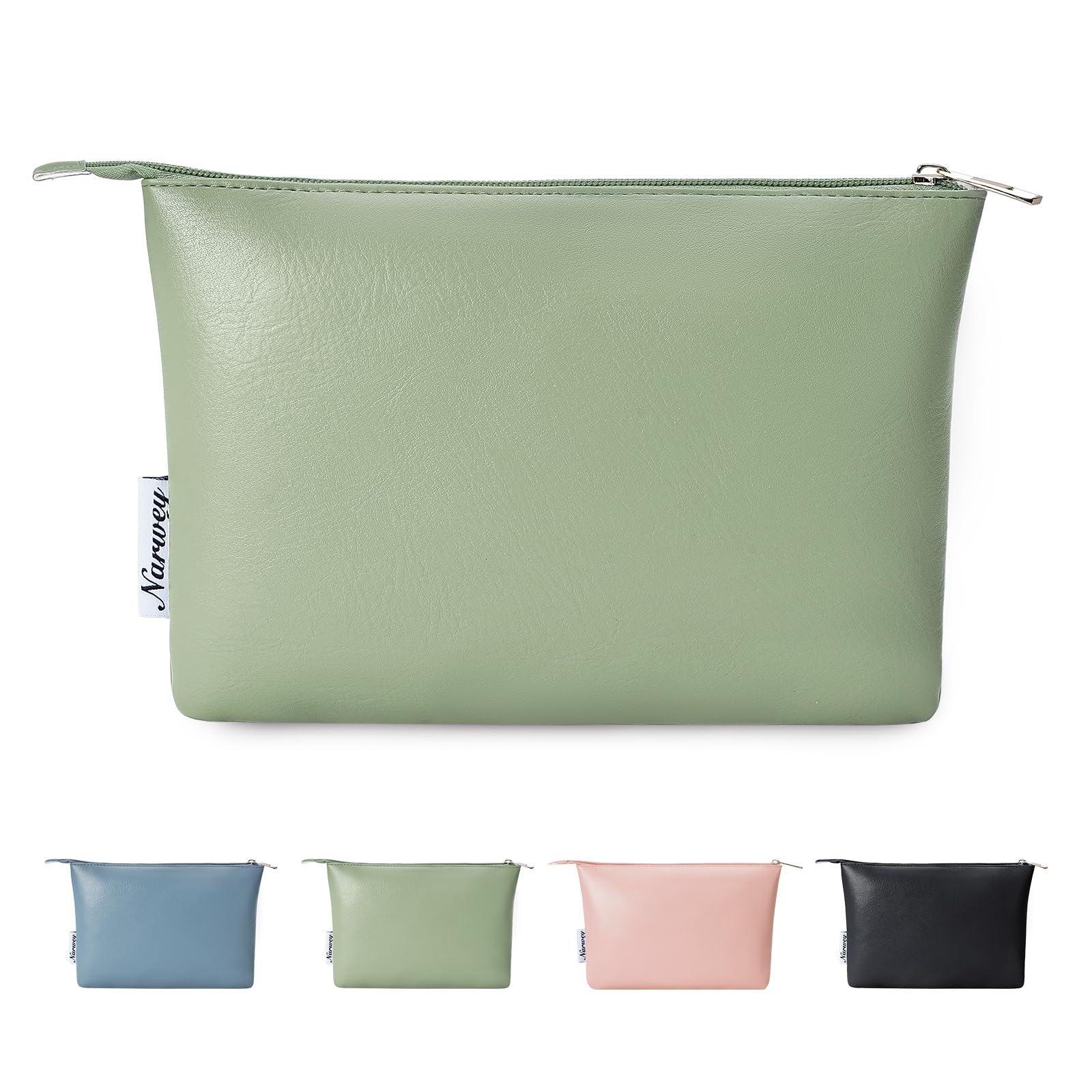 Narwey Large Makeup Bag for Purse Vegan Leather Travel Makeup Pouch Cosmetic Bag Zipper Pouch Bags for Women, A-Mint Green