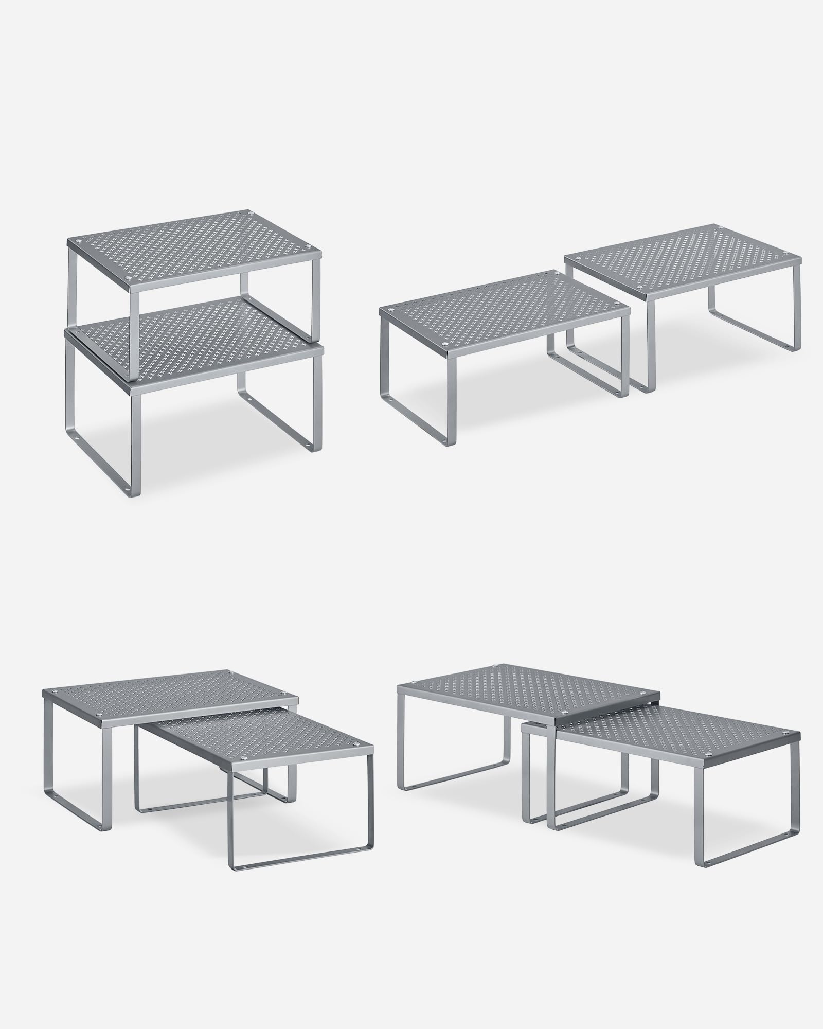 SONGMICS Scaffale Portaspezie, Set di 4 Organizzatori da Cucina Espandibili, Scaffale da Cucina Impilabile, Metallo, Argento KCS006S01