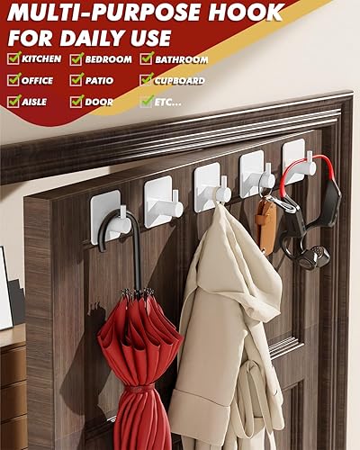 Miniatura 6 de Auxmir Ganchos adhesivos resistentes de 22 libras (máx.), paquete de 5 toalleros autoadhesivos sin daños, acero inoxidable para abrigo, impermeable,