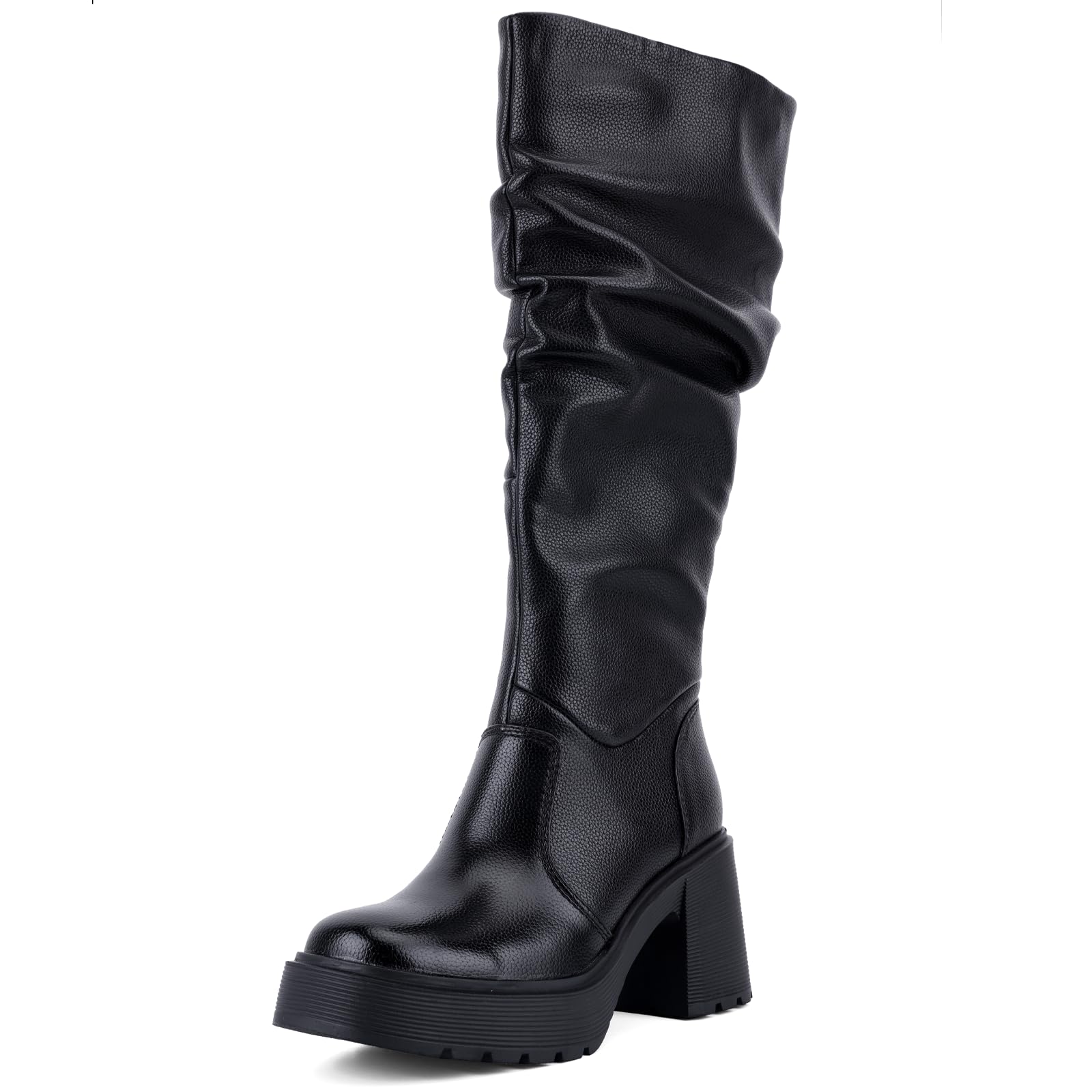 UBWDU Womens Platform Campus Knee High Boots Side Zipper Chunky Block heel Tall Boots Square Toe Long Leather