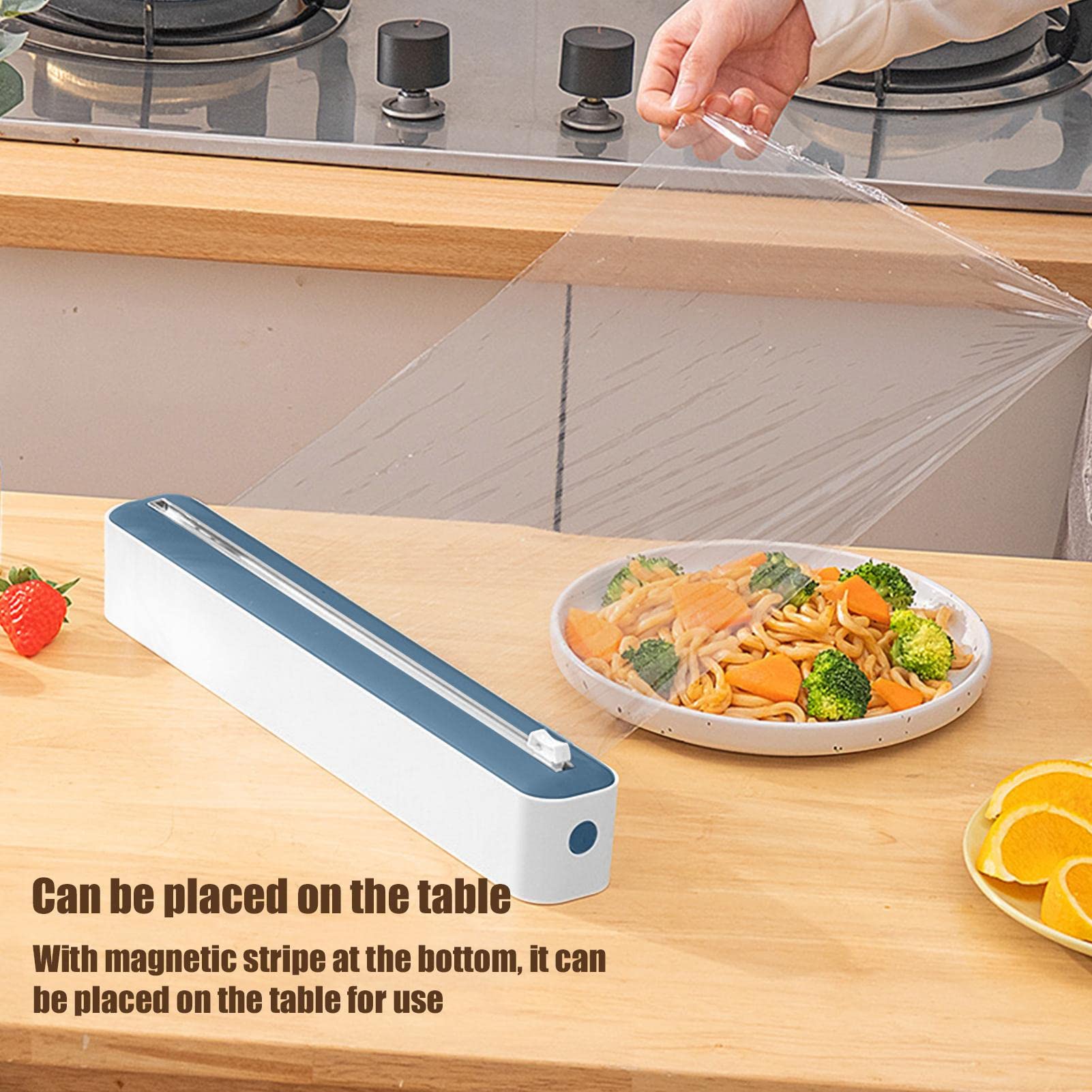 SOLGLO Cling Film Dispenser and Cutter, 2 In 1 Cling Film Dispenser, Food Wrap Cutter with Slider, Wall Mounted Food Wrap Dispenser for Home Kitchen Restaurant, Blue