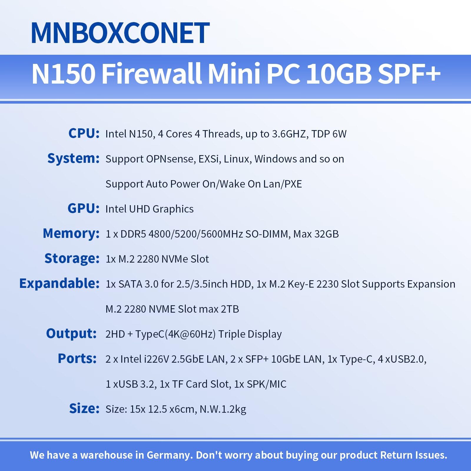 S2 Mini PC N150 10GBE SFP+, Firewall Appliance Micro Büro Hardware, DDR5 8GB RAM 128GB SSD, 2xi226V 2.5Gbit LAN, USB C, TF Card Slot, Support Proxmox OPNsense, SPK/MIC