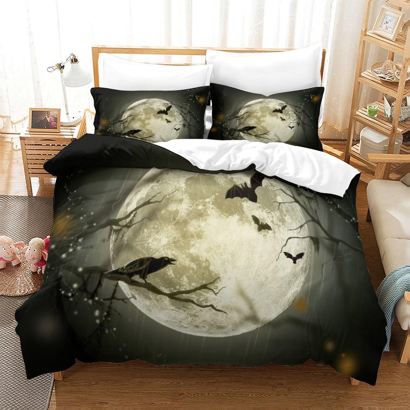 P1S9U7W5Y Gothic 3D Printed Moon Bat Duvet Cover Set 3pcs Microfiber Night Bedding Set SuperKing