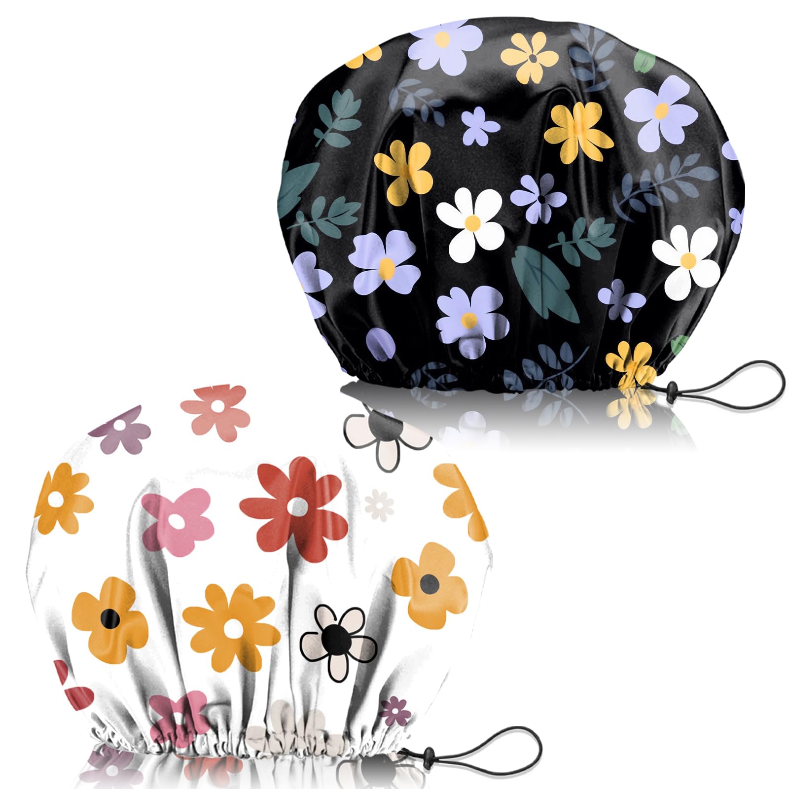 Zewurtuw 2 PCS Shower Cap Adjustable Reusable Double Waterproof Layer Elastic Hair Bath Cap Cute Aesthetic for Women Girls-Flowers 2