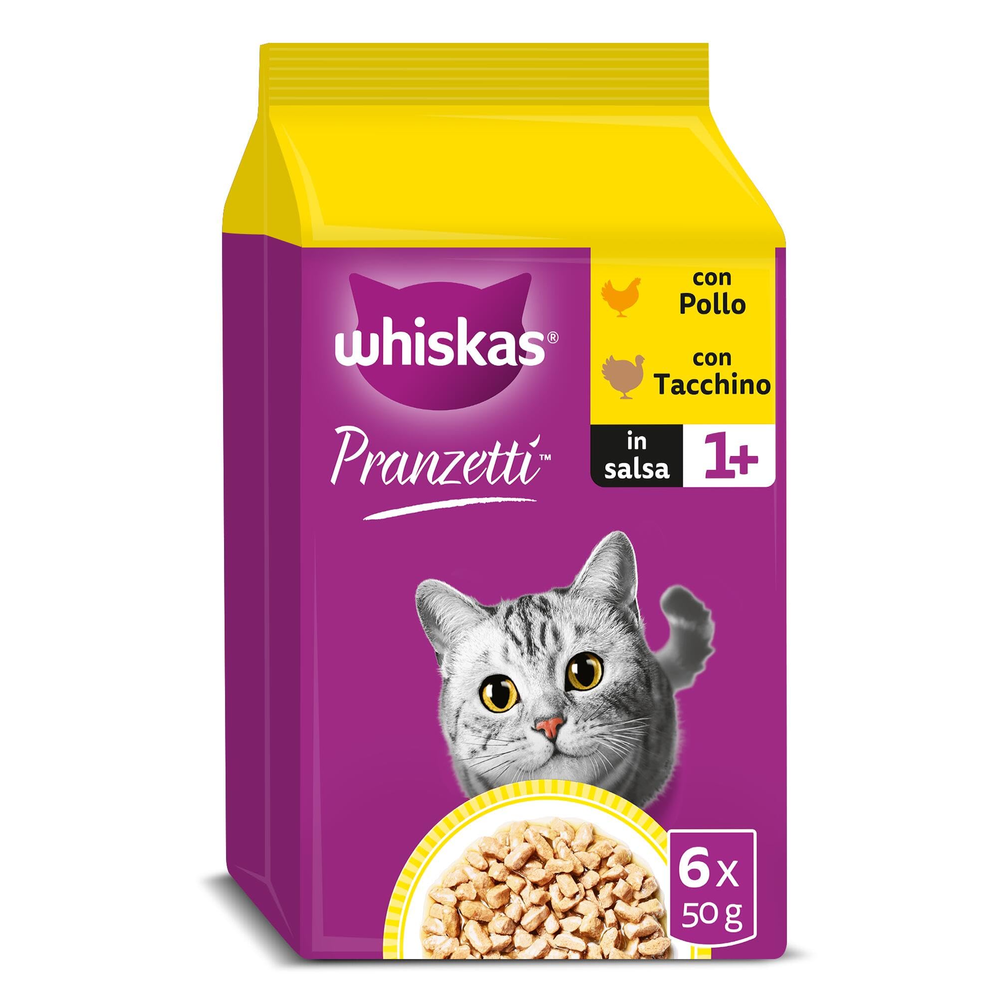 Whiskas Pranzetti Cibo Umido per Gatti Adulti in Salsa al Gusto Pollame, 12 Confezioni da 6 Vaschette da 50 g, Totale 3.600g