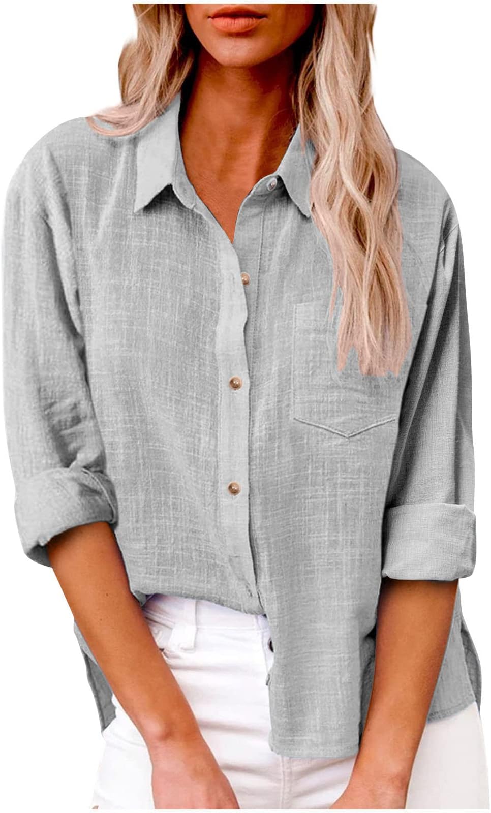 Womens Cotton Linen Button Down Shirt