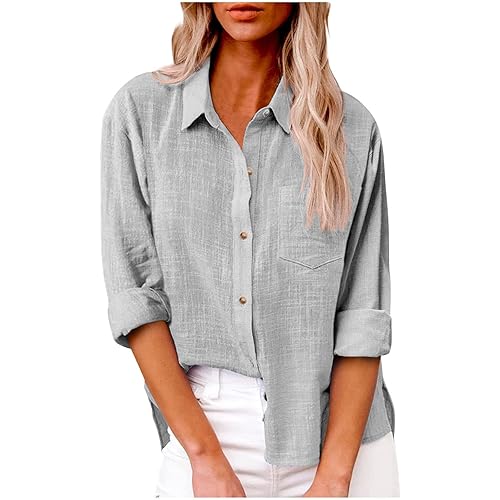 Oversized Tshirts for Women Linen Summer V Neck Button Down Blouses Short Sleeve Roll up Tops Basic Collared Shirts