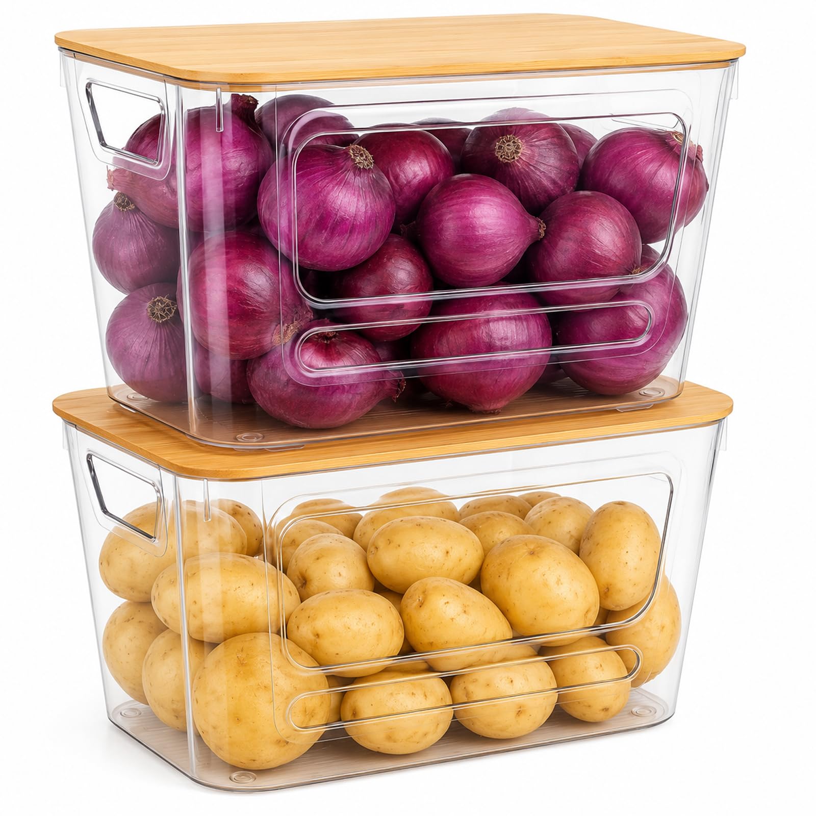 BEZORR 2 Set Pantry Organizers and Storage with Bamboo Lids, Clear Front Open Kitchen Organization Baskets with Lid, Stackable Clear Bins for Onion, Potato, Fruit, Vegetables, Garlic, Produce